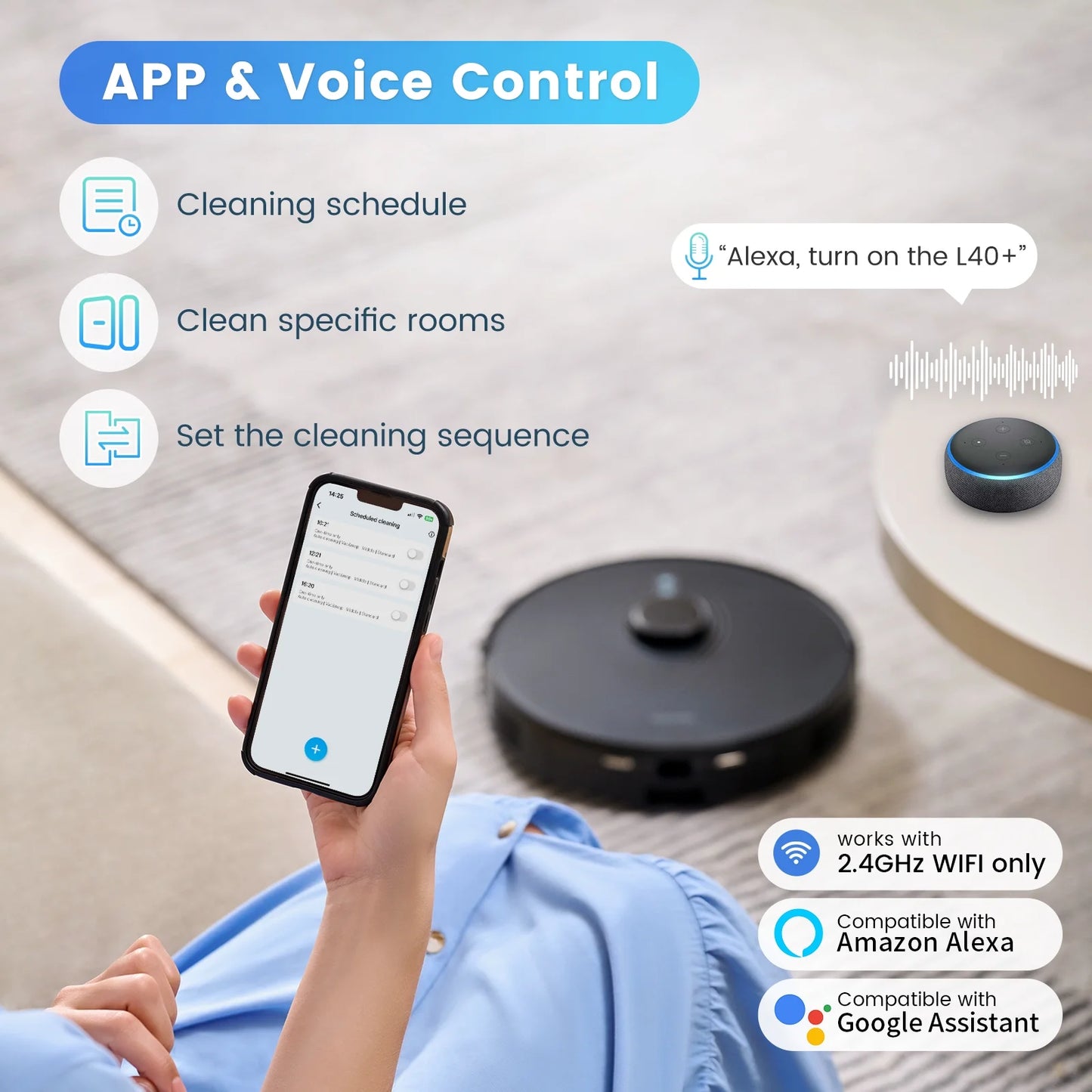 Robot Vacuum Cleaner and Mop Combo L40+, 60 Days Self-Empty Bin, 180 Min Runtime, APP and Voice Control